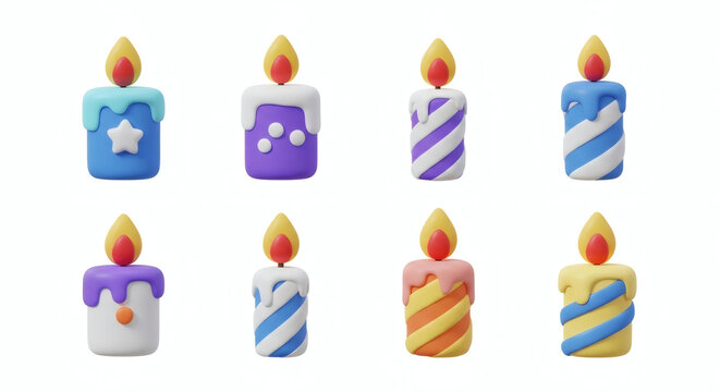 Set of Eight Cute Colorful Claymation Style Birthday Candles with Flames Isolated. 3D Rendered Party Decorations, Cake Toppers.