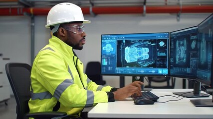 Poster - Man Wearing White Hardhat Working with Dual Monitors in Industrial Setting with Blue Technical Data