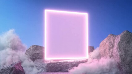 Aufkleber - Glowing Portal in Dreamscape: A luminous square, framed in vibrant pink light, floats serenely amidst a misty, dreamlike landscape of rocky terrain.