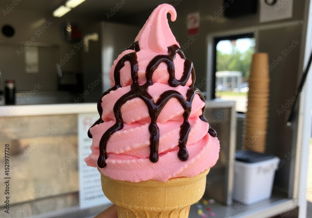 Delicious pink soft serve ice cream with chocolate sauce swirl in a ...
