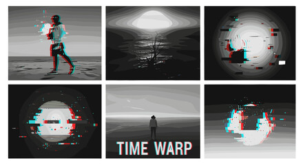 Fototapete - A collection of six glitch art images featuring landscapes and figures in monochrome tones and digital effects