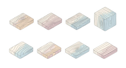 Poster - Isometric arrangement of eight wooden blocks with visible wood grain and varying color palettes shown