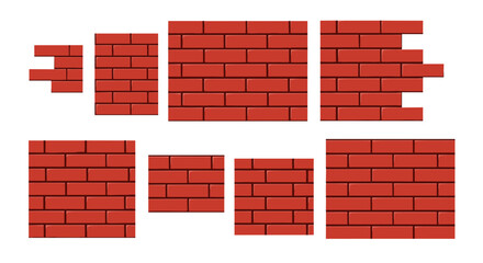 Poster - Arrangement of various sized brick wall sections in red color on a white isolated background scene view