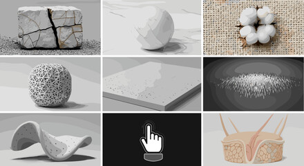 Poster - A collection of conceptual renderings featuring textures and abstract forms in a nine panel arrangement