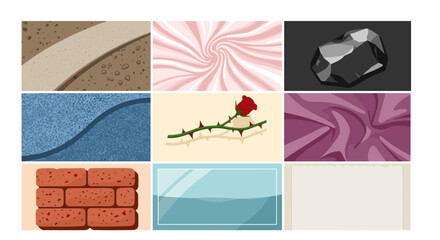 Poster - Collection of diverse textures and objects in a nine panel grid arrangement showing various materials