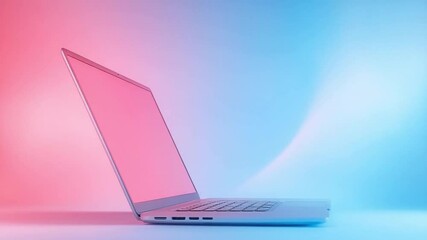 Poster - Modern Computing: A sleek laptop, bathed in vibrant hues of pink and blue, set against a smooth gradient backdrop. This image captures the essence of contemporary technology and innovation.