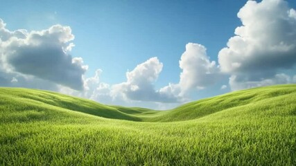 Poster - Rolling green hills under a bright blue sky with fluffy white clouds, evoking a sense of tranquility and natural beauty.