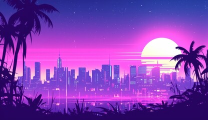 Poster - Vibrant Sunset Over City Skyline with Silhouetted Palm Trees