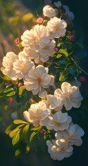 Poster - Beautiful White Flowers with Green Leaves and Soft Sunlight Effects