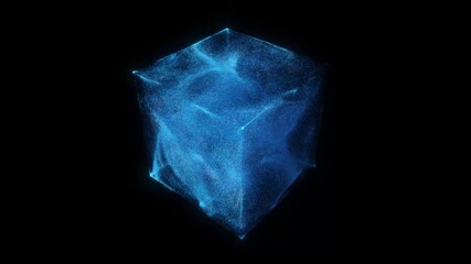 Poster - glowing blue particles swirling inside a translucent cube against a black background. Dynamic light effect, scientific visualization, technology concept. Abstract 3D render, 4K loop