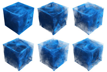 Poster - 6 Abstract luminous blue swirling particles inside cubes on transparent background, representing data, technology, science, fluid dynamics, or futuristic concepts and systems. 3D render