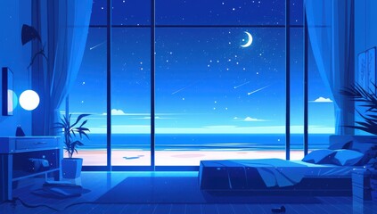 Poster - Serene Bedroom with Ocean View Under Starry Night Sky