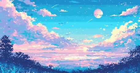 Poster - Pixel Art Landscape with Starry Sky and Moonlit Clouds at Dusk