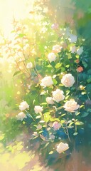 Poster - Lush Garden of Delicate Roses Bathed in Soft Morning Light