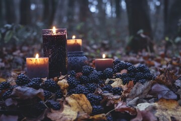 Poster - Candles Surrounded by Blackberries and Autumn Leaves in Forest