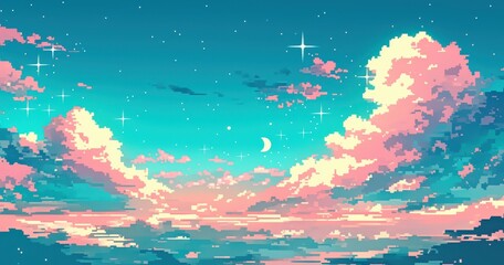 Poster - Serene Pixelated Sky with Clouds and Stars at Dusk in Soft Colors