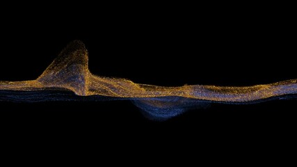 Poster - Flowing abstract wave of shimmering gold and blue particles against a black background, creating a dynamic and modern visual effect for technology, science, or artistic projects. 3D render