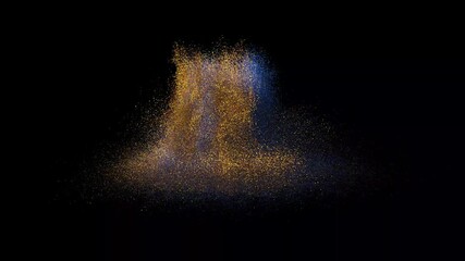 Poster - vibrant golden and blue particles explode and dissipate on a black background. abstract digital anim