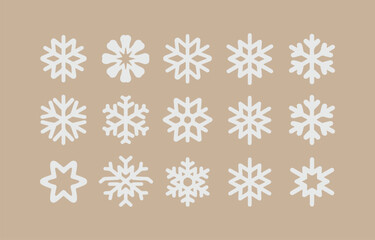 Poster - Collection of simple white snowflake icons on beige background