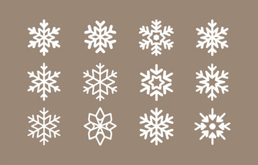 Poster - Twelve unique white snowflake icons on brown background