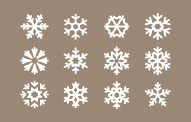 Poster - Twelve unique white snowflake icons on brown background