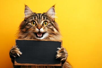  Cat on poster mockup. Ð¡ute adult cat norwegian forest hold in front paws a design draft - large dark black road sign. Isolated cat on a solid outfit yellow background. Animal at center frame.