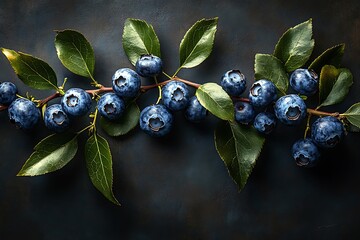 Wall Mural - Branch of ripe blueberries with green leaves is displayed against a dark background