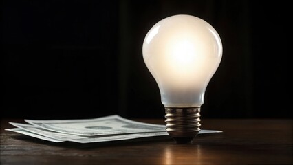 Poster - Bright Light Bulb Illuminating Money on Table in Dark Room