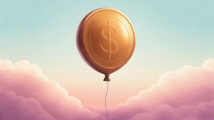 Poster - Balloon Shaped Like a Coin on Beautiful Sky with Clouds