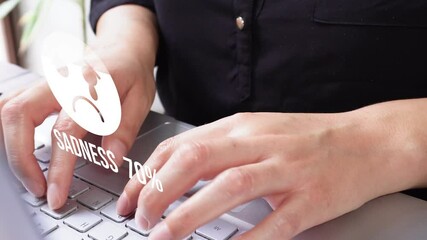 Sad face loading icon animation: progress from 0 to 100% sadness, with a woman working on a laptop