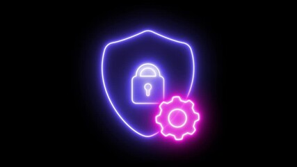 Poster - A neon outline of an icon featuring the shield symbol and gear, representing security settings or private service controls. 