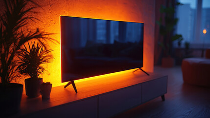 Aufkleber - Modern living room featuring sleek television with ambient orange lighting, creating cozy atmosphere. scene is enhanced by decorative plants and soft furnishings, inviting relaxation