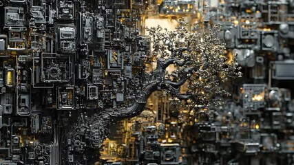 Poster - A metallic tree seamlessly blends into an intricate wall of circuit boards, symbolizing the fusion of technology and nature.