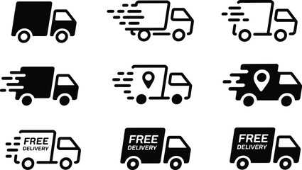 Poster - Collection of delivery truck icons in black and white showing speed and free delivery concept for transportation services