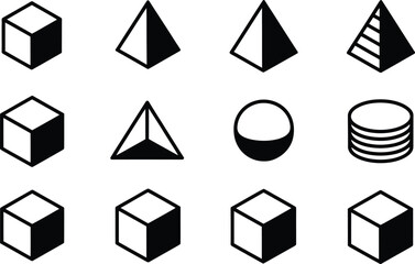 Poster - Geometric shapes collection featuring cubes, pyramids, a sphere, and a stack of disks, perfect for design and architectural concepts.