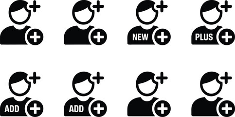 Poster - Various black and white user icon add symbols representing new users plus add contacts and new member sign up on white background
