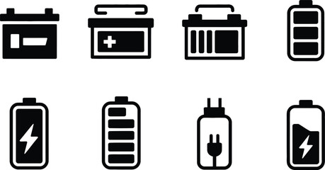 Poster - Collection of black and white battery icons representing power level and charging symbolism for digital applications