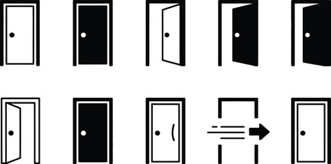 Poster - Collection of simple door icons in various open and closed states illustrating access and entry concepts.