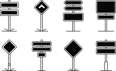 Poster - Set of black and white road signs featuring various shapes and directional arrows and information signs in modern style