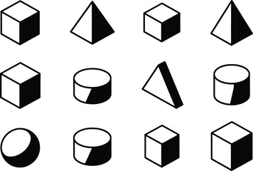 Poster - Minimalist isometric geometric shapes collection featuring cubes pyramids cylinders and sphere in modern black and white design