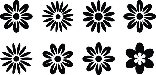 Poster - A collection of eight simple black and white floral vector elements showcasing various daisy and flower designs suitable for design