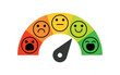 © laias - Customer Satisfaction Meter. Colorful Feedback Gauge with Happy, Neutral, and Sad Faces Indicator. Rating Scale for Review, Survey, or User Experience Evaluation on White Background.