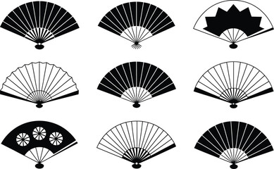 Poster - Collection of black and white decorative hand fans in various traditional designs presented on a white background