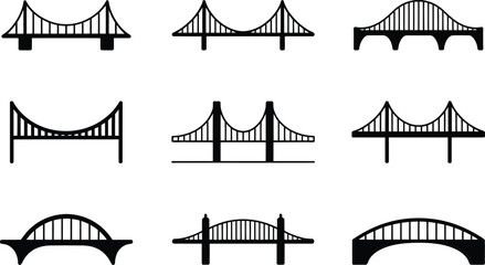 Poster - Collection of various silhouette bridge illustrations presenting different architectural designs and engineering constructions
