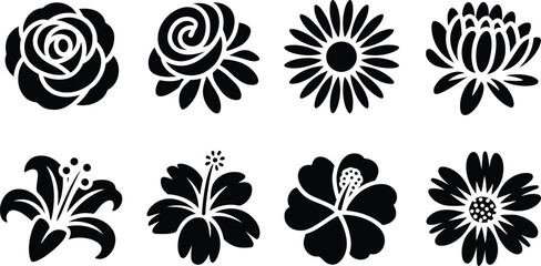 Poster - A collection of eight simple black and white floral silhouettes depicting various beautiful flower styles for decoration