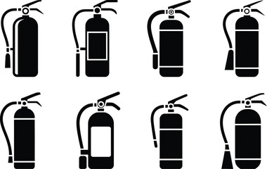 Poster - Black and white fire extinguisher silhouettes representing fire safety and emergency protection in a professional arrangement