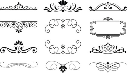 Poster - Elegant set of nine black ornamental design elements with swirls flourishes and decorative borders perfect for stylish design projects