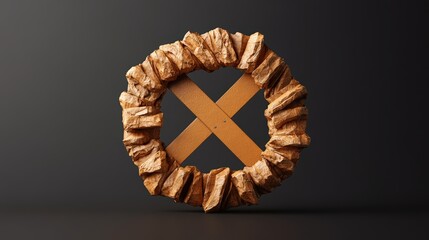 Poster - Artistic Aesthetic Flat Lay of Wooden Crossed Bars Surrounded by Rough Natural Rock Fragments on Dark Background