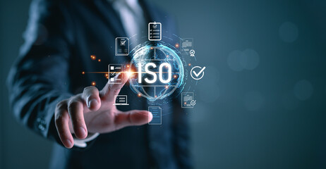 Poster - ISO certification and quality assurance concept with digital documents, checklists, and compliance icons, ideal for business standards, manufacturing, international regulation visuals.