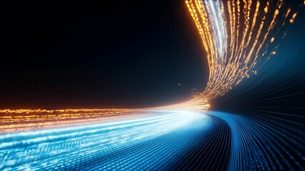 Poster - 暗い背景に青とオレンジの抽象的なライトトレイルテクノロジーの抽象的なデジタルアートワーク